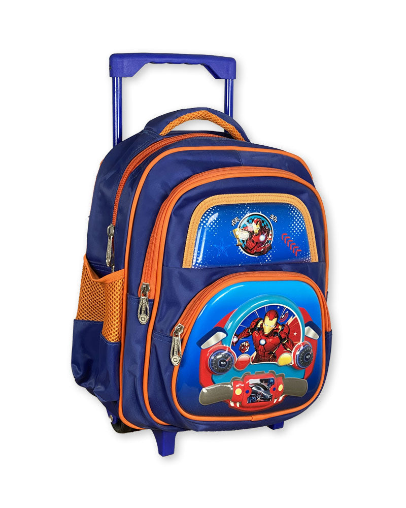 3D Print Superhero Trolley Backpack for Boys – Blue and Orange Rolling School Bag with Steering Wheel Design