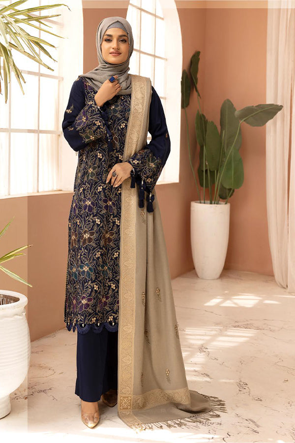 Gul e Zarki 3pc Embroidered Whool Touch Pashmina with Kingarri Shawl by Riaz art