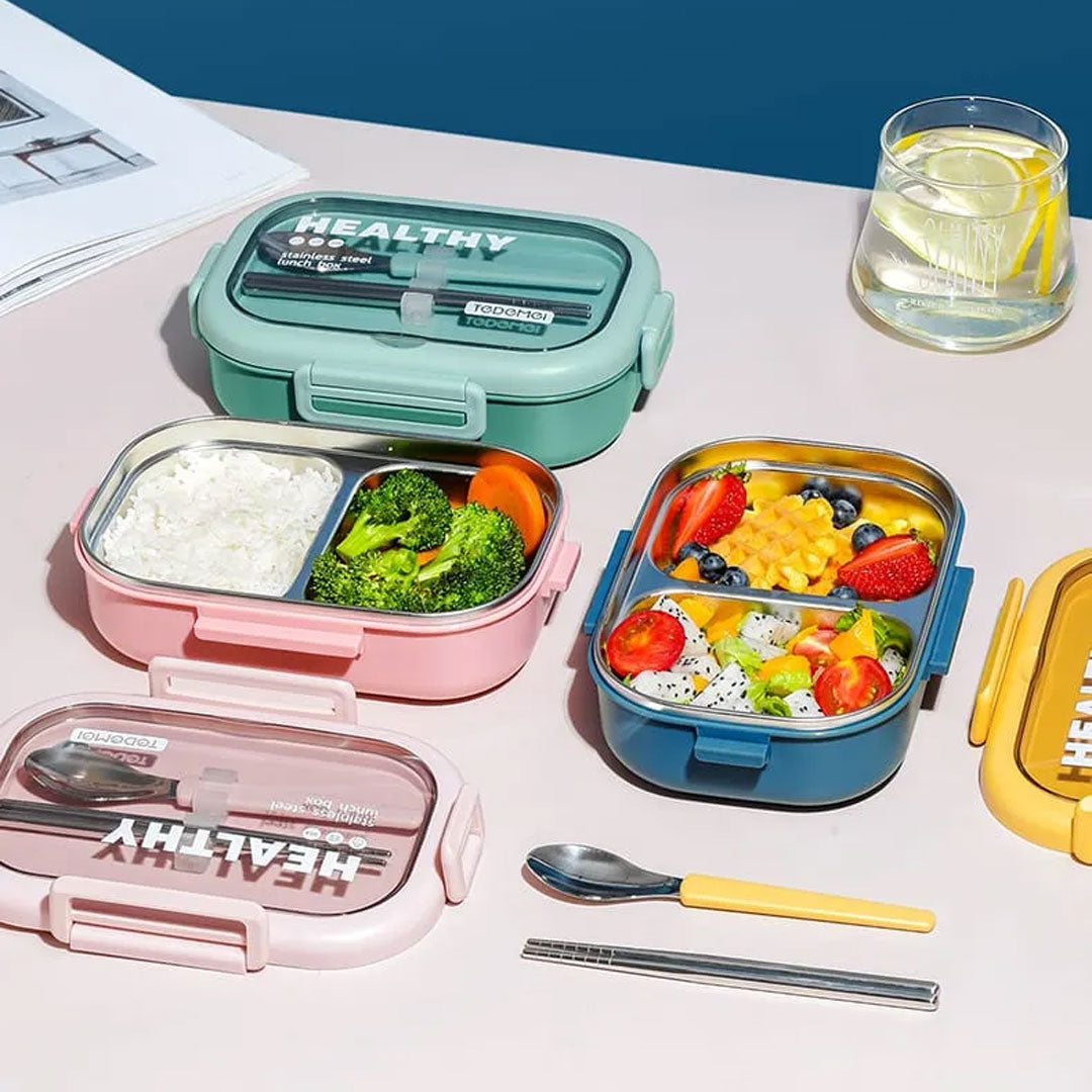 Healthy Stainless Steel Lunch Box With Built-In Spoon & Chopsticks