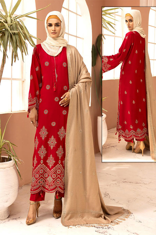 Gul e Zarki 3pc Embroidered Whool Touch Pashmina with Kingarri Shawl by Riaz art