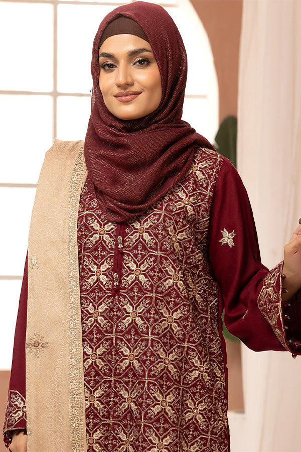 Gul e Zarki 3pc Embroidered Whool Touch Pashmina with Kingarri Shawl by Riaz art