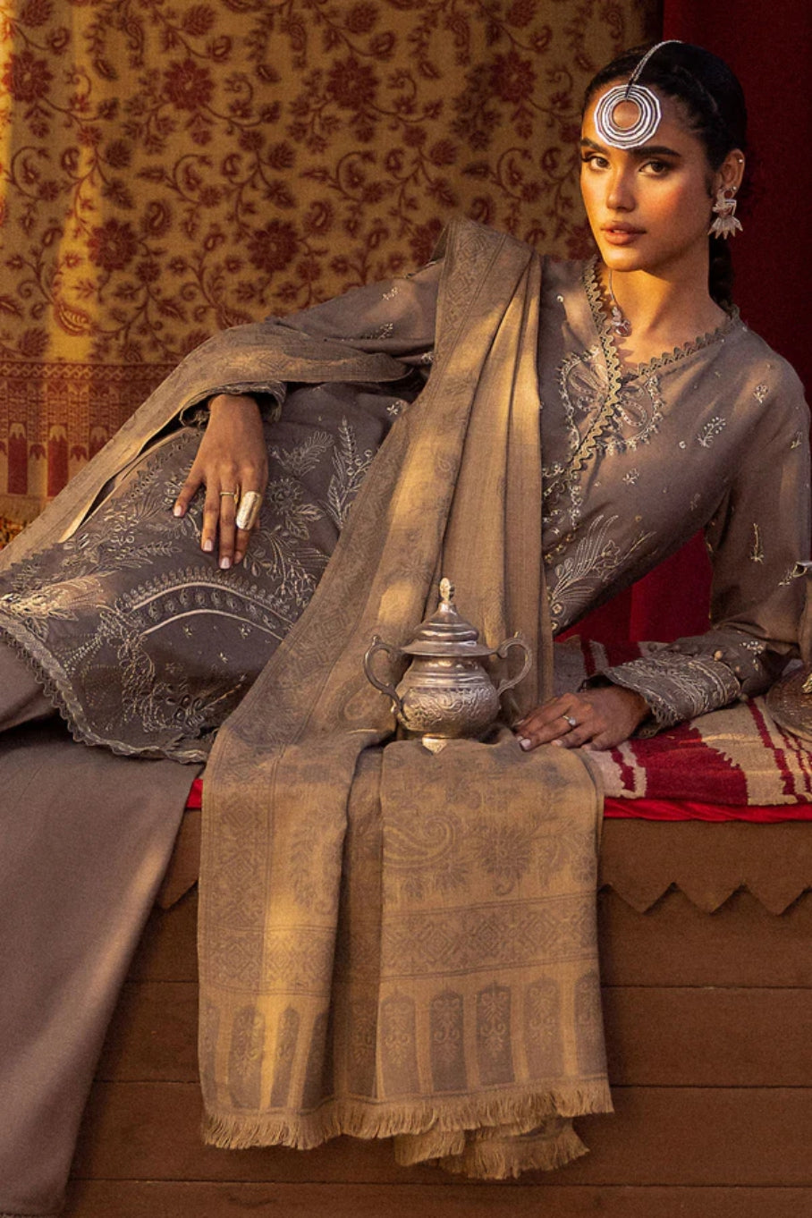 Nureh 3pc EMBROIDERED DHANAK with WOOL SHAWL Suit - Winter