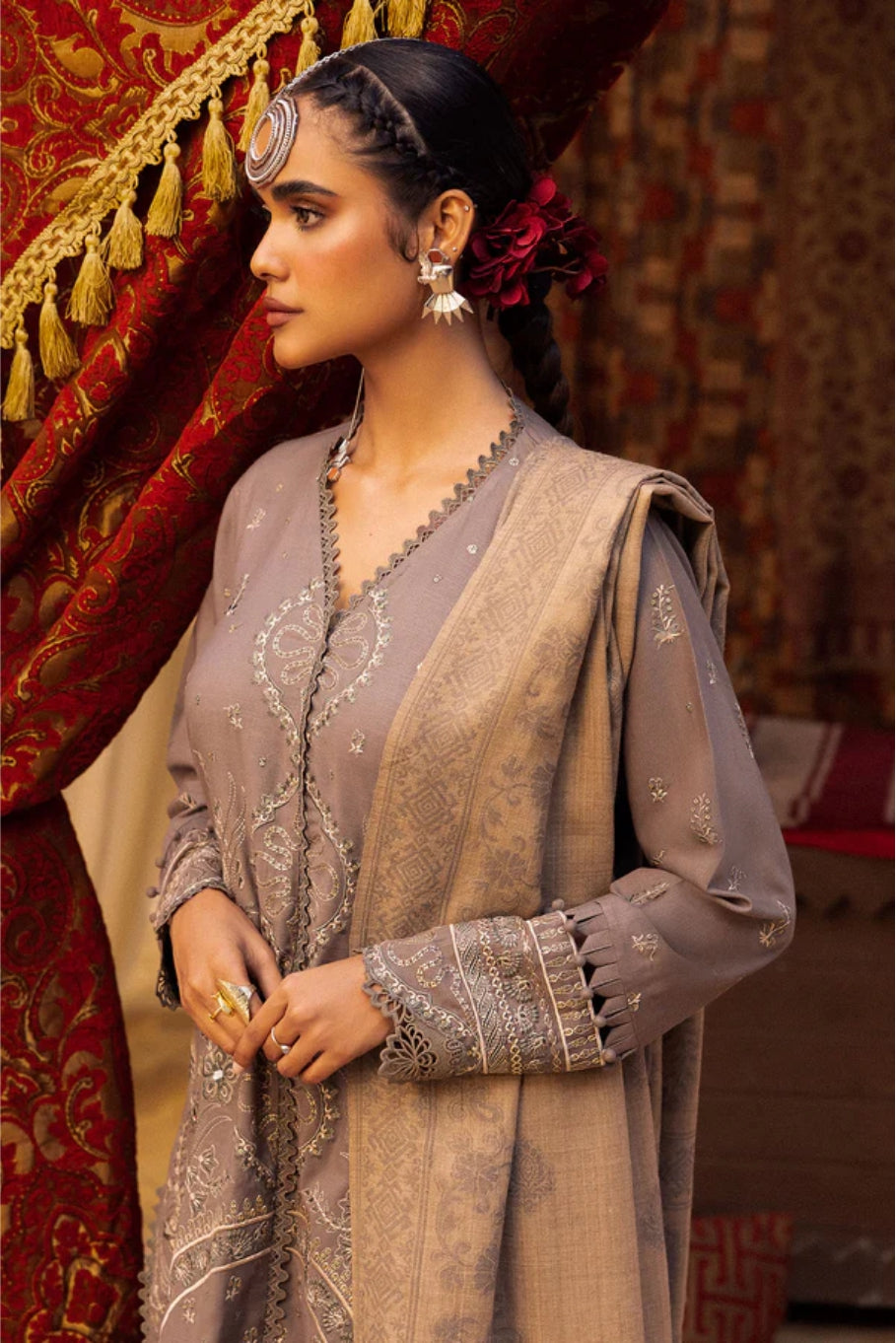 Nureh 3pc EMBROIDERED DHANAK with WOOL SHAWL Suit - Winter