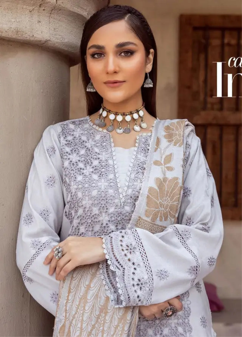 Mahees by Riaz Arts Embroidered Leather Peach Suits Unstitched 3 Piece - Winter Collection