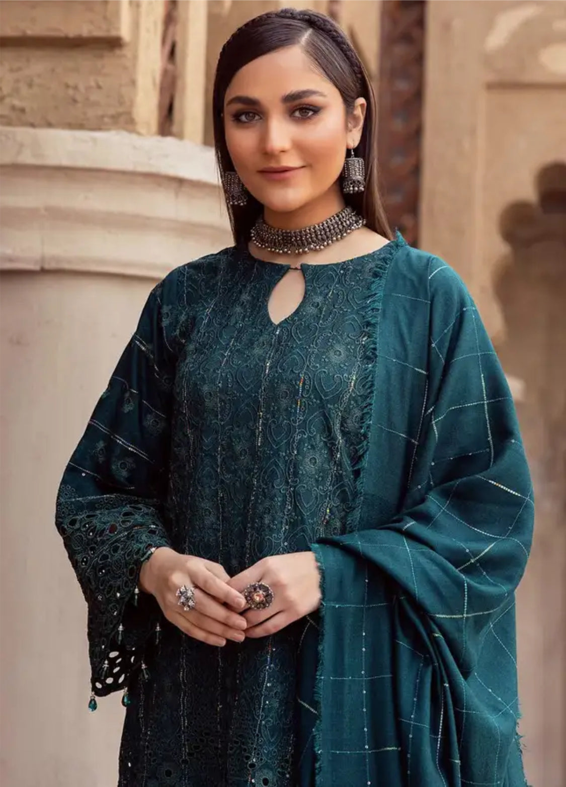 Mahees by Riaz Arts Embroidered Leather Peach Suits Unstitched 3 Piece - Winter Collection