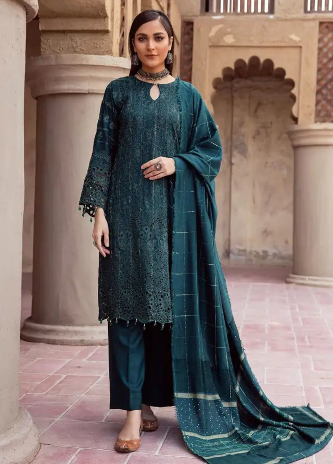 Mahees by Riaz Arts Embroidered Leather Peach Suits Unstitched 3 Piece - Winter Collection