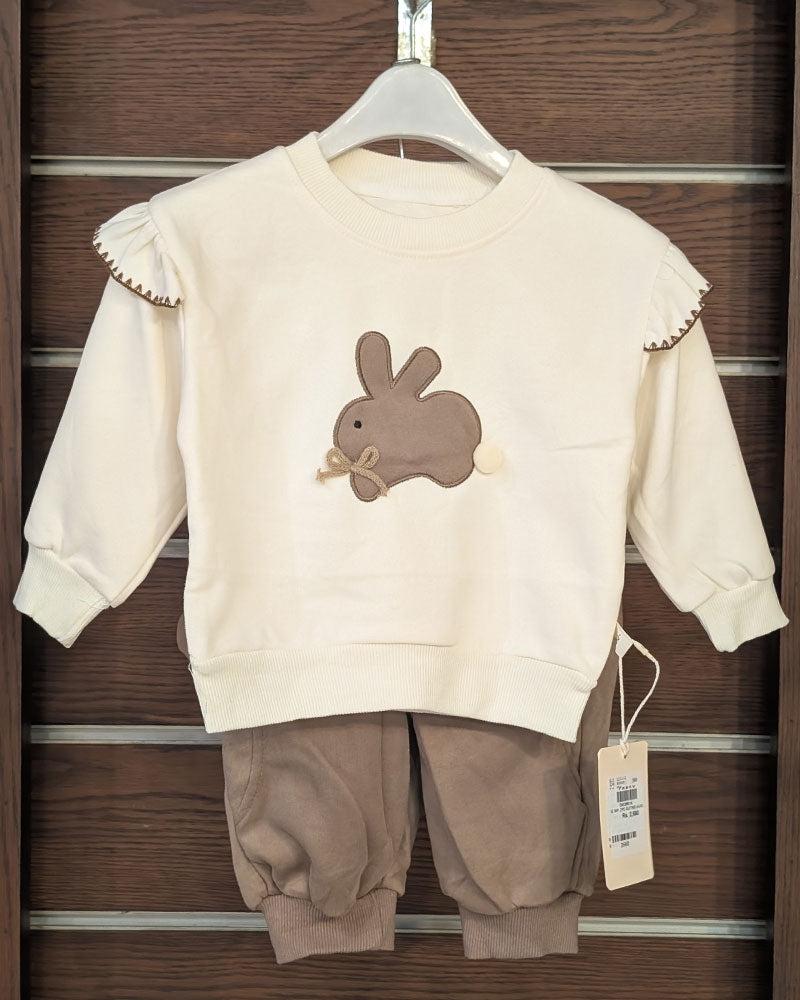 Cream & Brown Baby Sweatshirt and Pants Set with Bunny Applique