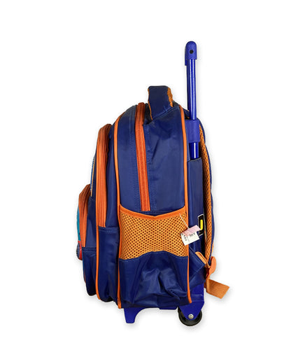 3D Print Superhero Trolley Backpack for Boys – Blue and Orange Rolling School Bag with Steering Wheel Design