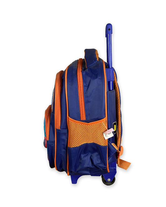 3D Print Superhero Trolley Backpack for Boys – Blue and Orange Rolling School Bag with Steering Wheel Design