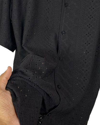 Men’s Beige Eyelet Short Sleeve Button-Down Shirt – Lightweight  Breezy Summer Style