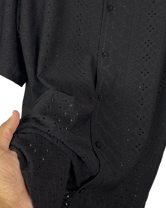 Men’s Beige Eyelet Short Sleeve Button-Down Shirt – Lightweight  Breezy Summer Style