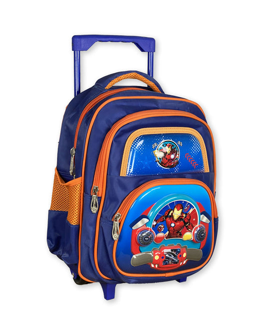 3D Print Superhero Trolley Backpack for Boys – Blue and Orange Rolling School Bag with Steering Wheel Design