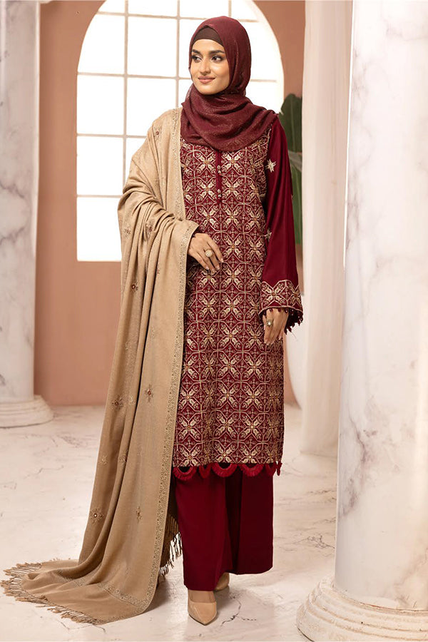 Gul e Zarki 3pc Embroidered Whool Touch Pashmina with Kingarri Shawl by Riaz art