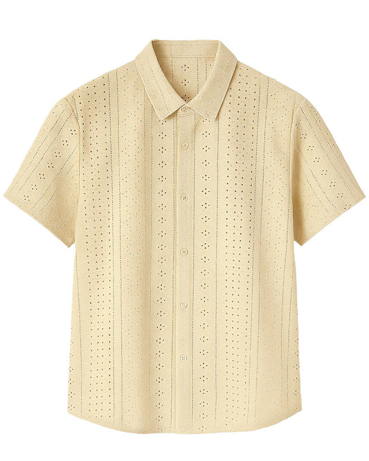 Men’s Beige Eyelet Short Sleeve Button-Down Shirt – Lightweight  Breezy Summer Style