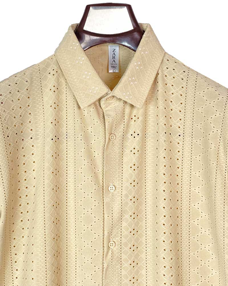 Men’s Beige Eyelet Short Sleeve Button-Down Shirt – Lightweight  Breezy Summer Style