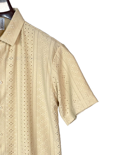 Men’s Beige Eyelet Short Sleeve Button-Down Shirt – Lightweight  Breezy Summer Style