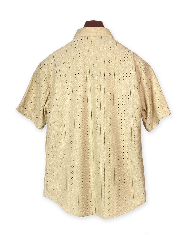 Men’s Beige Eyelet Short Sleeve Button-Down Shirt – Lightweight  Breezy Summer Style