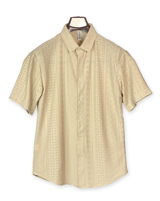 Men’s Beige Eyelet Short Sleeve Button-Down Shirt – Lightweight  Breezy Summer Style