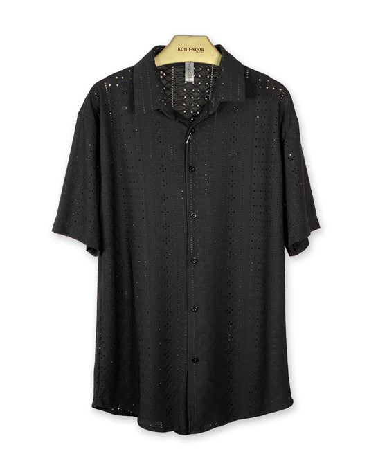 Men’s Beige Eyelet Short Sleeve Button-Down Shirt – Lightweight  Breezy Summer Style