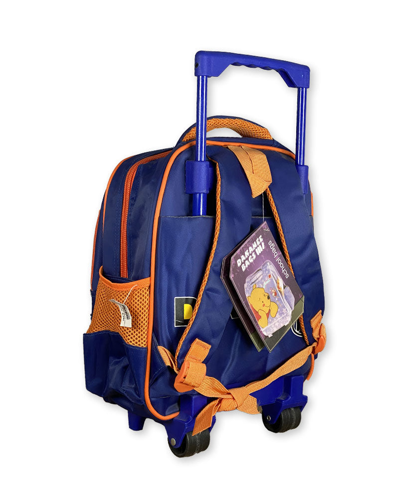 3D Print Superhero Trolley Backpack for Boys – Blue and Orange Rolling School Bag with Steering Wheel Design