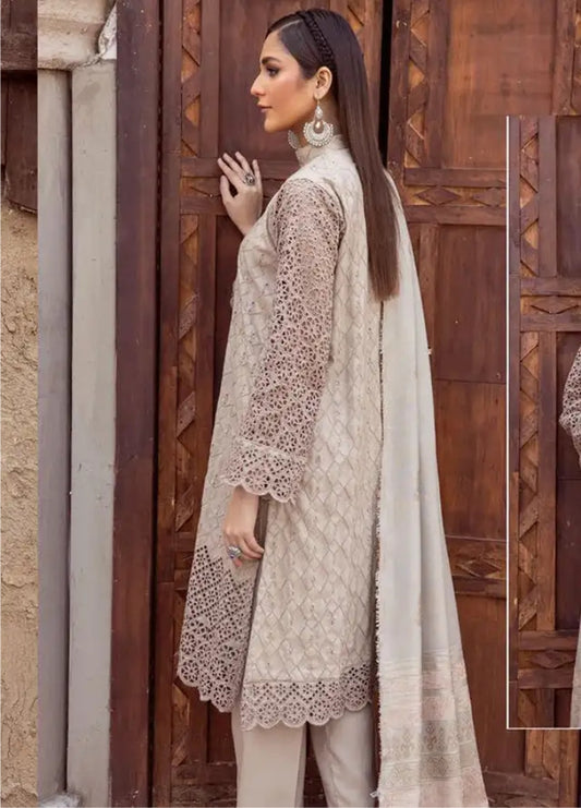 Mahees by Riaz Arts Embroidered Leather Peach Suits Unstitched 3 Piece - Winter Collection