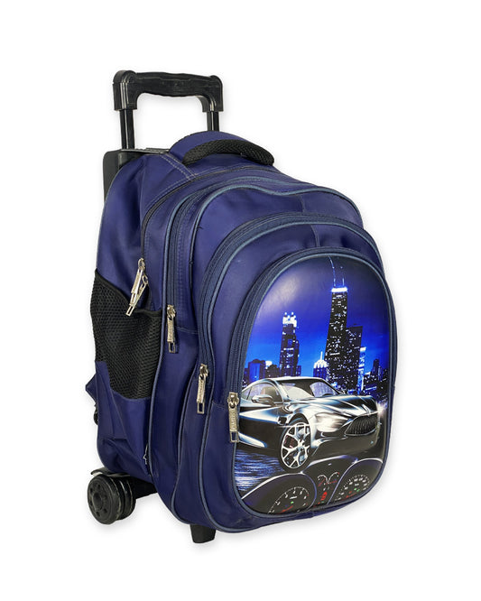 3D Print Car Design Boys Trolley Backpack – Navy Blue Rolling School Bag with Cityscape Graphic