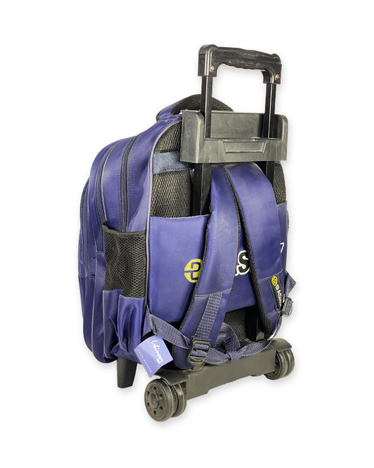 3D Print Car Design Boys Trolley Backpack – Navy Blue Rolling School Bag with Cityscape Graphic