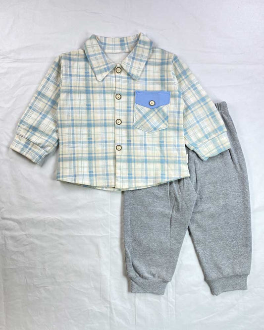 Boys’ Casual Check Set – Blue & Grey