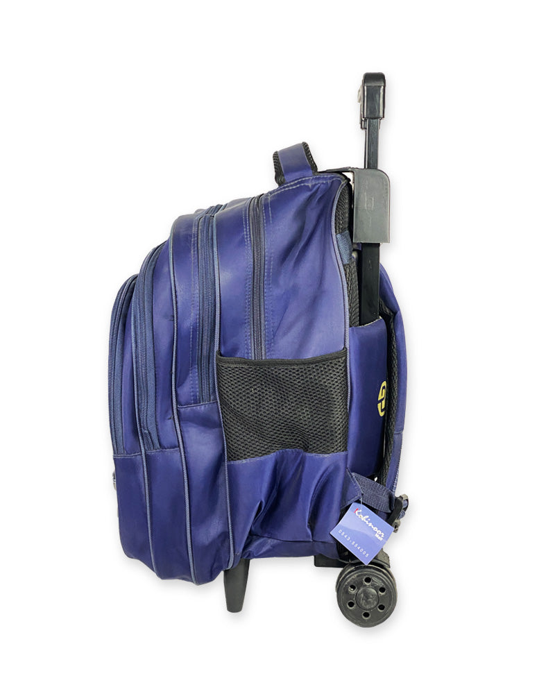 3D Print Car Design Boys Trolley Backpack – Navy Blue Rolling School Bag with Cityscape Graphic