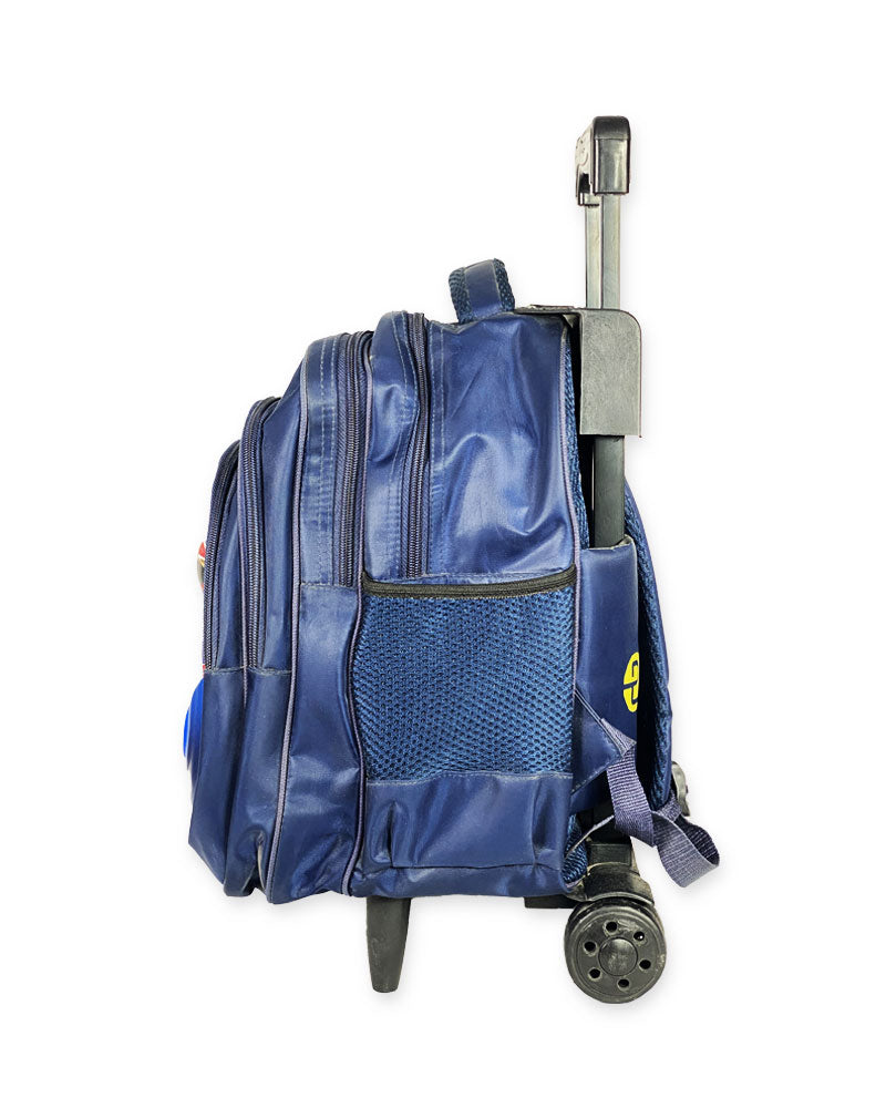 3D Print Superhero Boys Trolley Backpack – Navy Blue Rolling School Bag with Cartoon Design