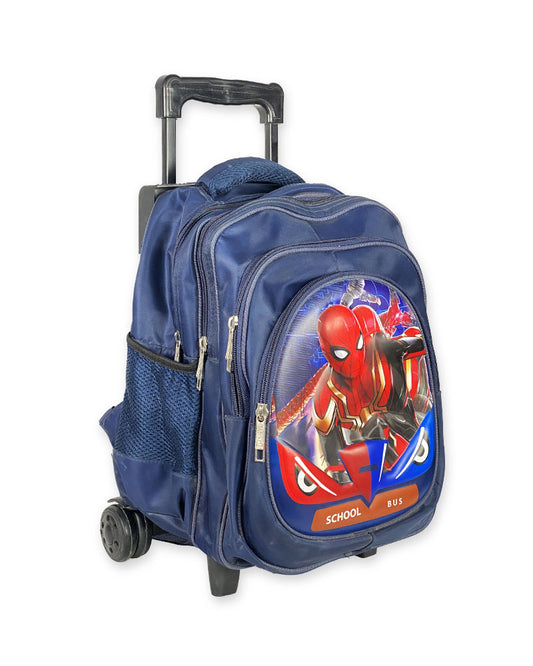 3D Print Superhero Boys Trolley Backpack – Navy Blue Rolling School Bag with Cartoon Design