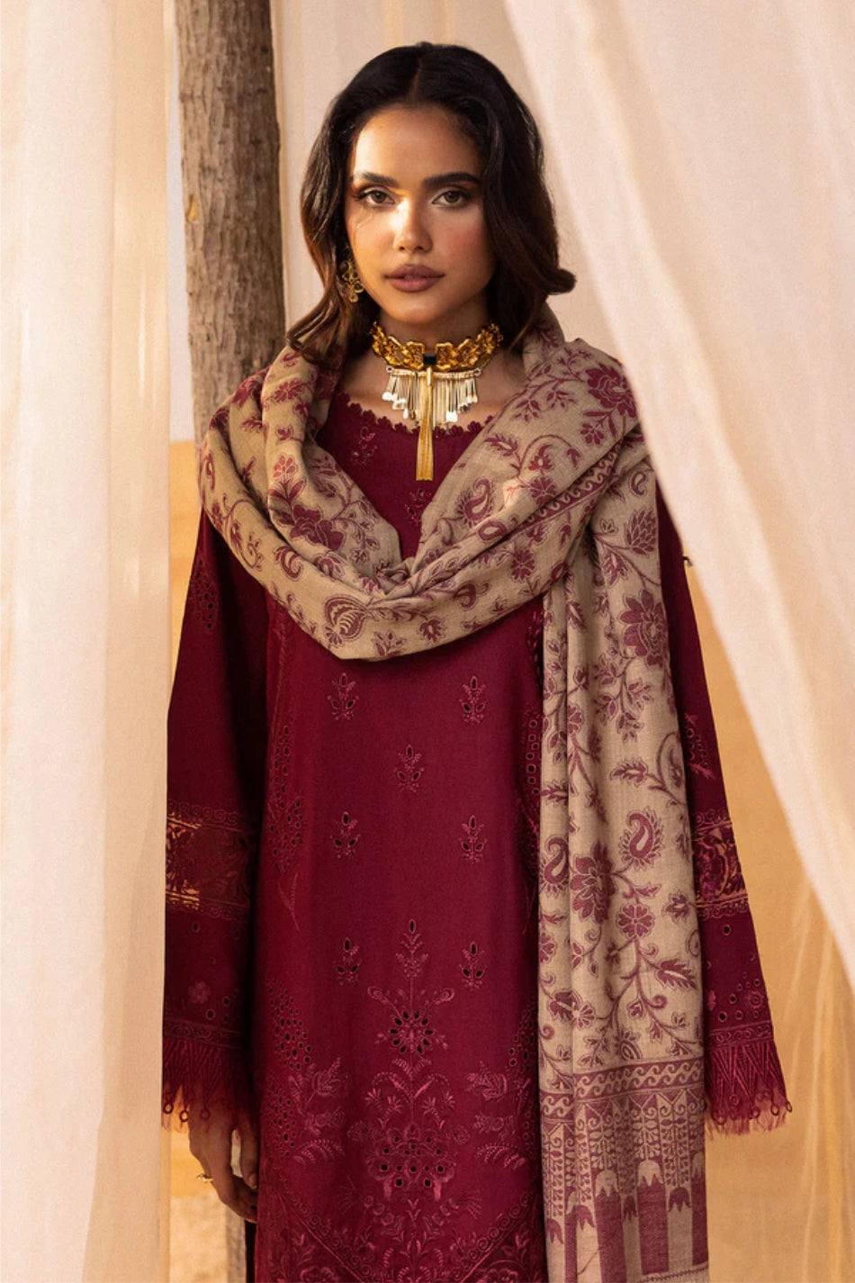 Nureh 3pc EMBROIDERED DHANAK with WOOL SHAWL Suit - Winter