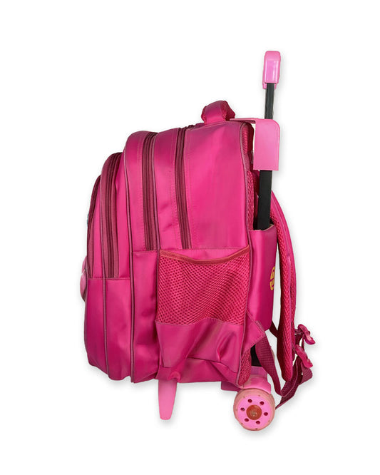 3D Print Teddy Bear Girls Trolley Backpack – Pink Rolling School Bag with Cartoon Design