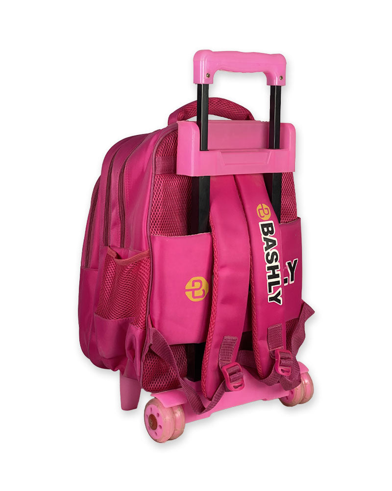 3D Print Teddy Bear Girls Trolley Backpack – Pink Rolling School Bag with Cartoon Design