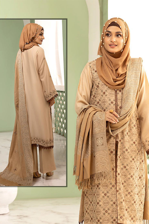 Gul e Zarki 3pc Embroidered Whool Touch Pashmina with Kingarri Shawl by Riaz art