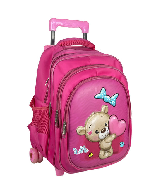 3D Print Teddy Bear Girls Trolley Backpack – Pink Rolling School Bag with Cartoon Design
