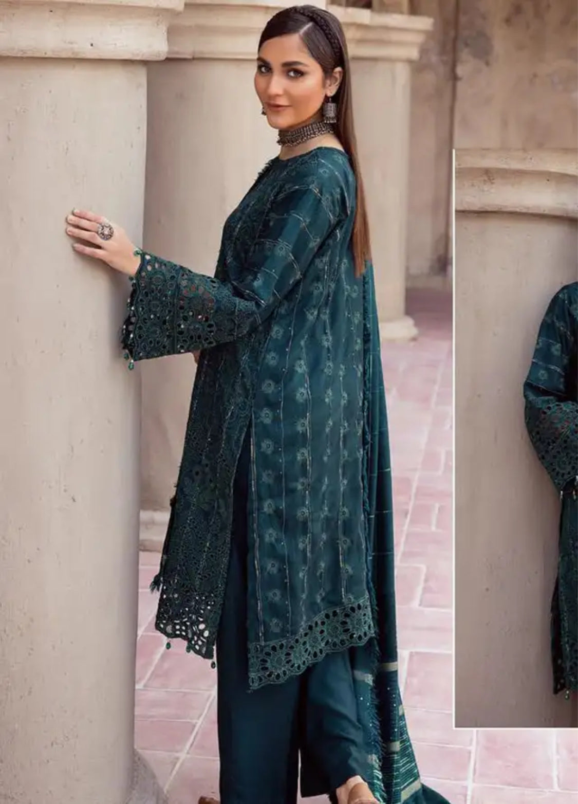 Mahees by Riaz Arts Embroidered Leather Peach Suits Unstitched 3 Piece - Winter Collection