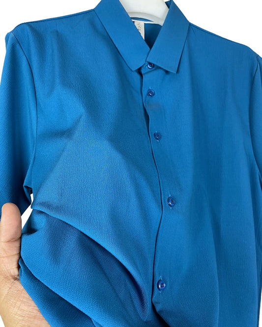 ZARA Men’s Bright Blue Short Sleeve Shirt – Modern Minimalist Button-Down