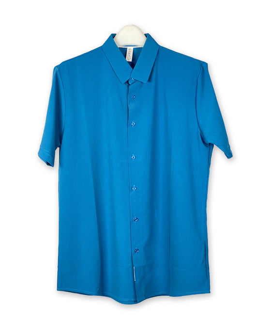 ZARA Men’s Bright Blue Short Sleeve Shirt – Modern Minimalist Button-Down